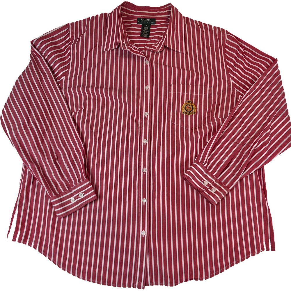 Polo Ralph Lauren Women 1X  Oxford Red Striped Button Down Gold Crest Logo Y2K